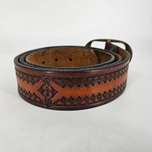 Brown Embossed Western Leather Belt Brass Buckle Size 40 Large 1.50" W USA - Picture 9 of 11